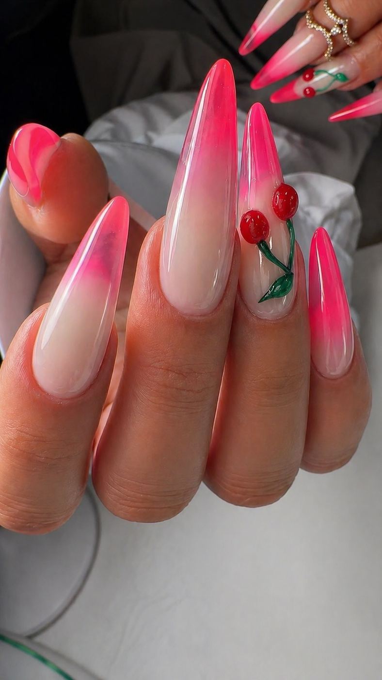 Nägel Crystal Cherry in Pink mit Kirschen